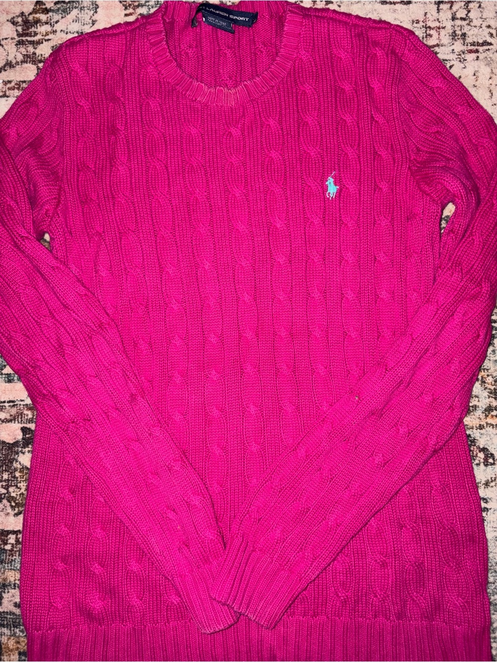 Ralph Lauren Cable-Knit Crewneck Sweater in Bright Fuchsia, size L